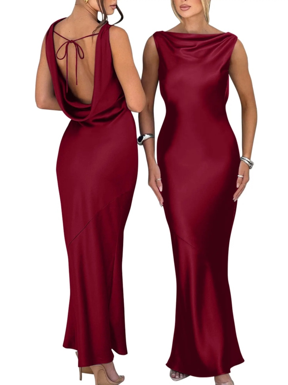 OYS Formal Gown Open Back Tie Cowl Drape Sleeveless Satin Wine Red Size S  NWT